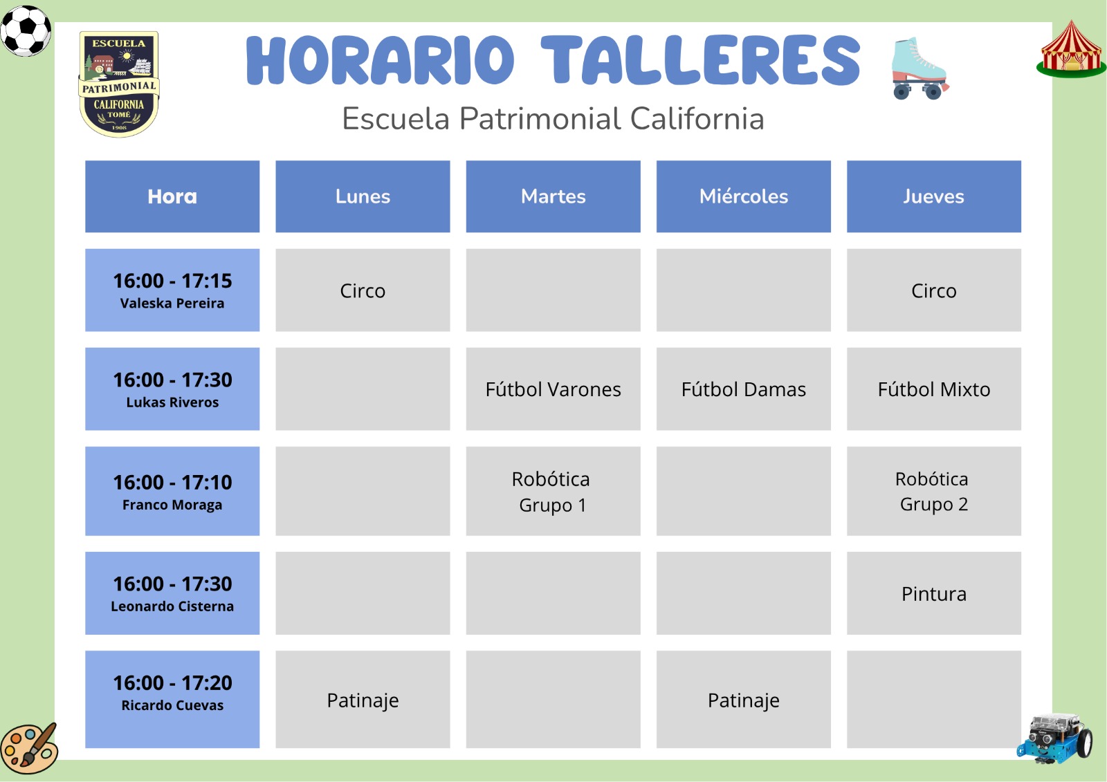 Horario de talleres extraescolares